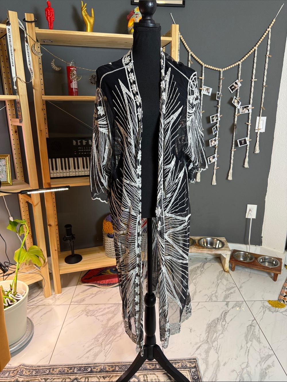 Black & White Sheer Embroidered Duster Dress